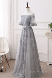 kamahe Short Sleeves Grey Lace Long Prom Dresses, Short Sleeves Gray Lace Long Formal Evening Dresses