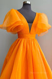 kamahe Short Sleeves Orange Long Prom Dresses, Orange Long Formal Evening Dresses