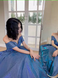 kamahe Simple A line Off The Shoulder Blue Prom Dresses Evening Dress