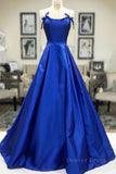 kamahe Simple A Line Royal Blue Satin Long Prom Dress, Royal Blue Formal Dress, Royal Blue Evening Dress