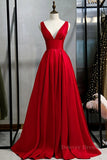 kamahe Simple A Line V Neck and V Back Red Satin Long Prom Dress, V Neck Red Formal Graduation Evening Dress