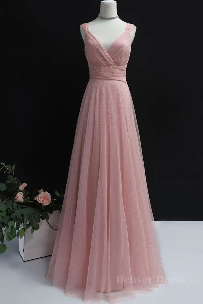 kamahe Simple A Line V Neck Pink Tulle Long Prom Dress Bridesmaid Dress, V Neck Pink Formal Dress, Pink Evening Dress