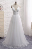 kamahe Simple A Line V Neck White Wedding Dresses, V Neck White Tulle Prom Formal Dresses