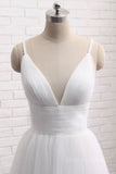 kamahe Simple A Line V Neck White Wedding Dresses, V Neck White Tulle Prom Formal Dresses