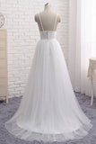 kamahe Simple A Line V Neck White Wedding Dresses, V Neck White Tulle Prom Formal Dresses