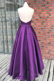 kamahe Simple Backless Purple Satin Long Prom Dresses, Backless Purple Formal Dresses, Purple Evening Dresses