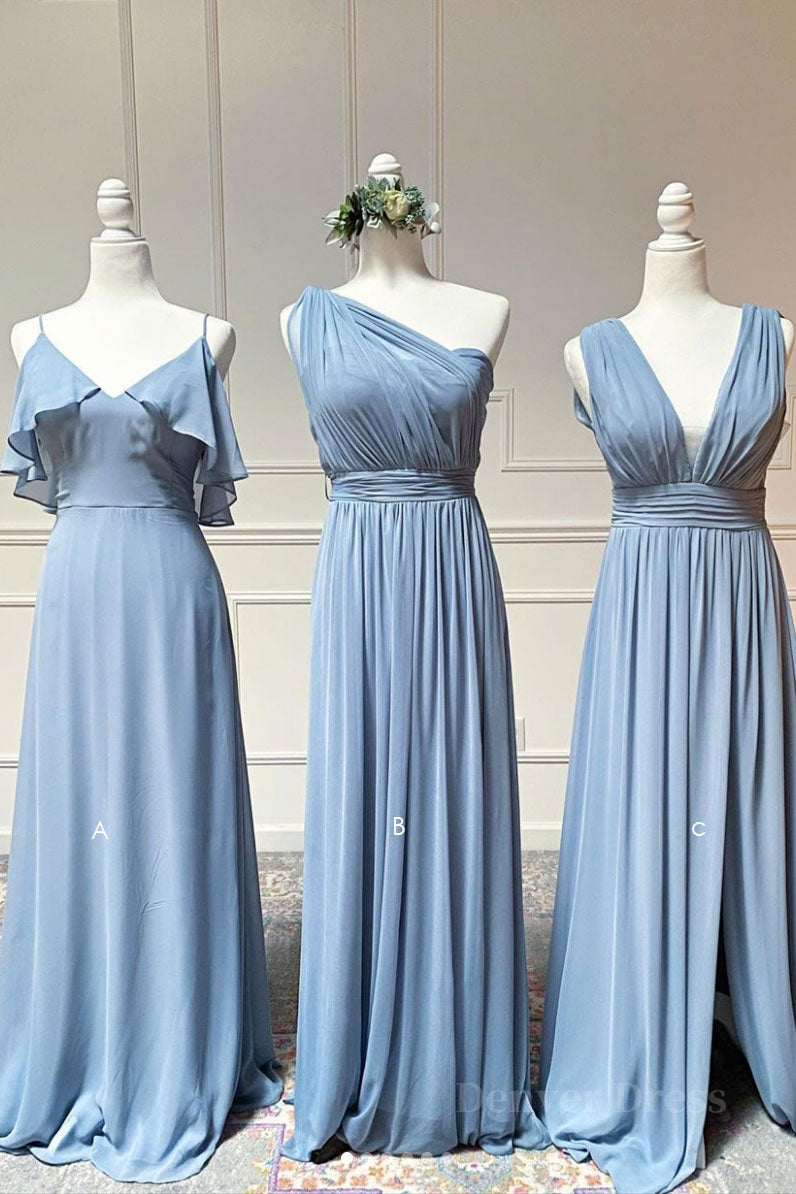 kamahe Simple blue chiffon long prom dress blue chiffon bridesmaid dress