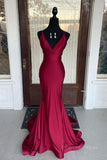 kamahe Simple burgundy v neck satin mermaid long prom dress burgundy evening dress