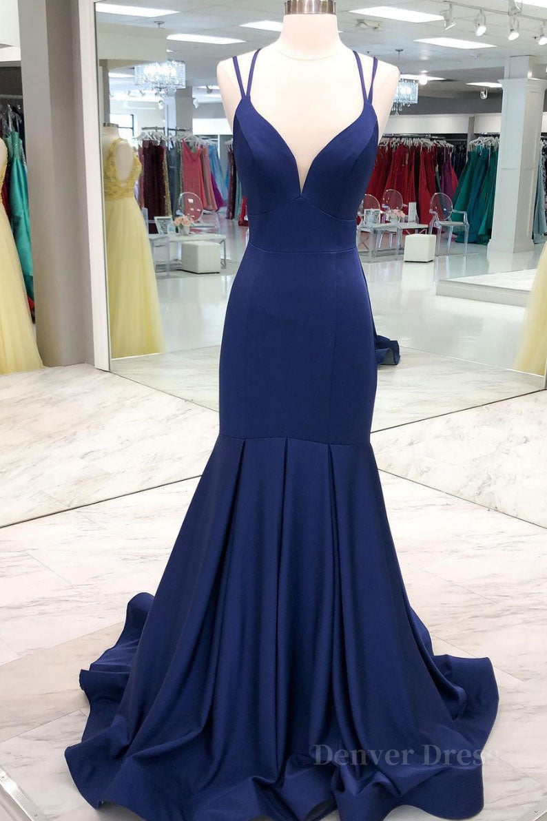 kamahe Simple dark blue satin long prom dress blue evening dress