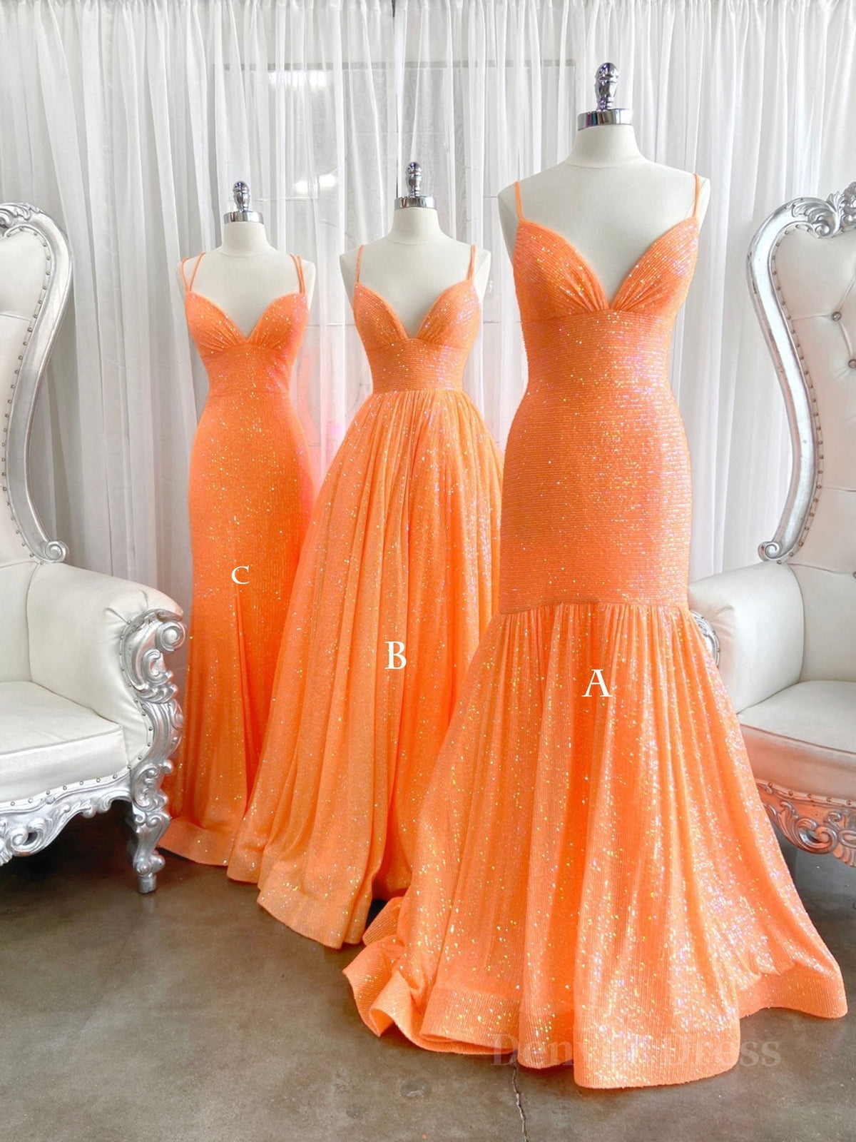 kamahe Simple Orange sequin long prom dress orange long evening dress