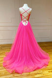 kamahe Simple pink v neck tulle long prom dress pink formal dress