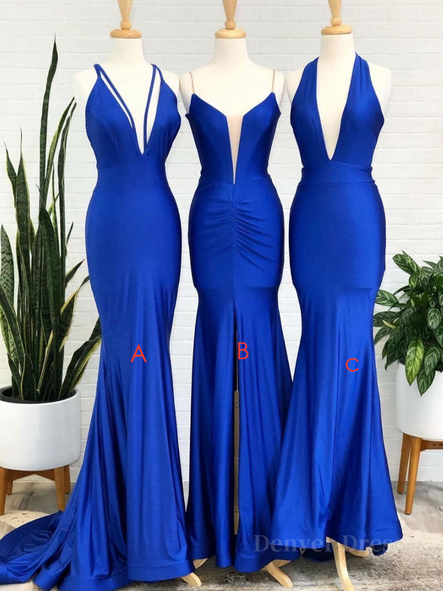 kamahe Simple Royal blue v neck mermaid long prom dress blue evening dress