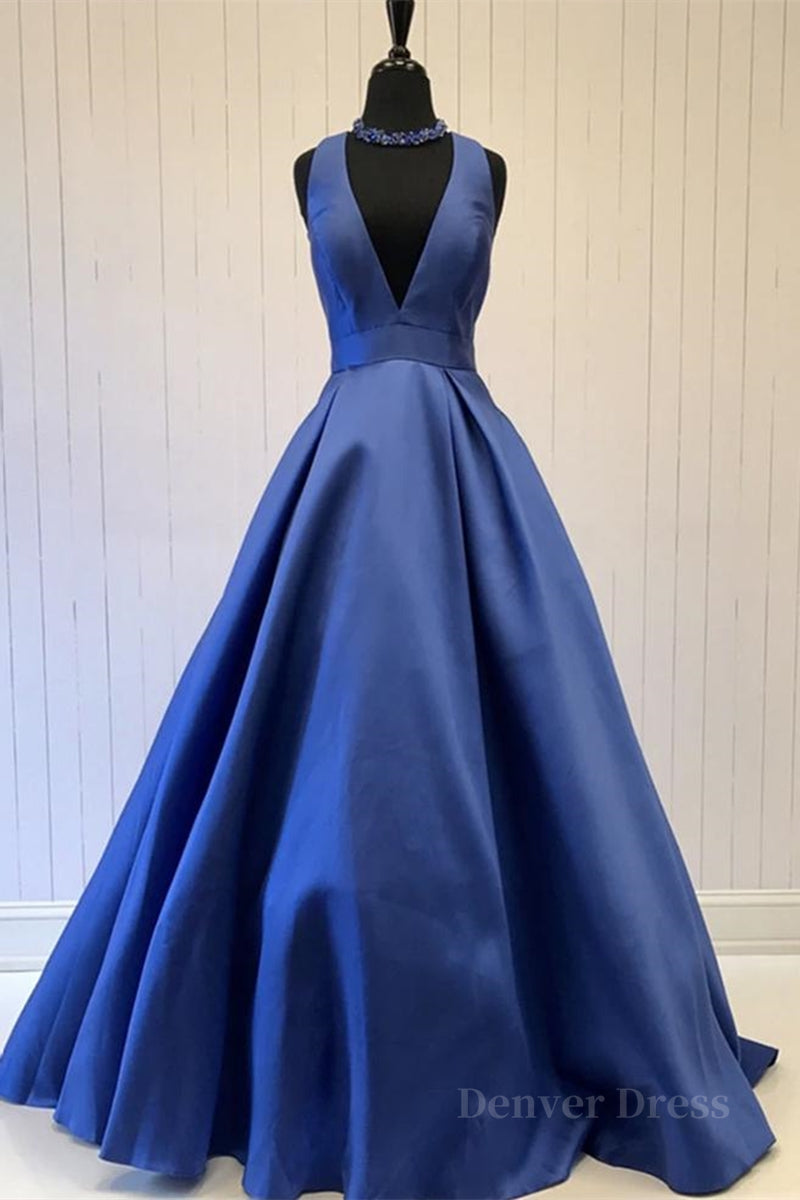 kamahe Simple V Neck Blue Satin Long Prom Dress, V Neck Blue Formal Dress, Blue Evening Dress