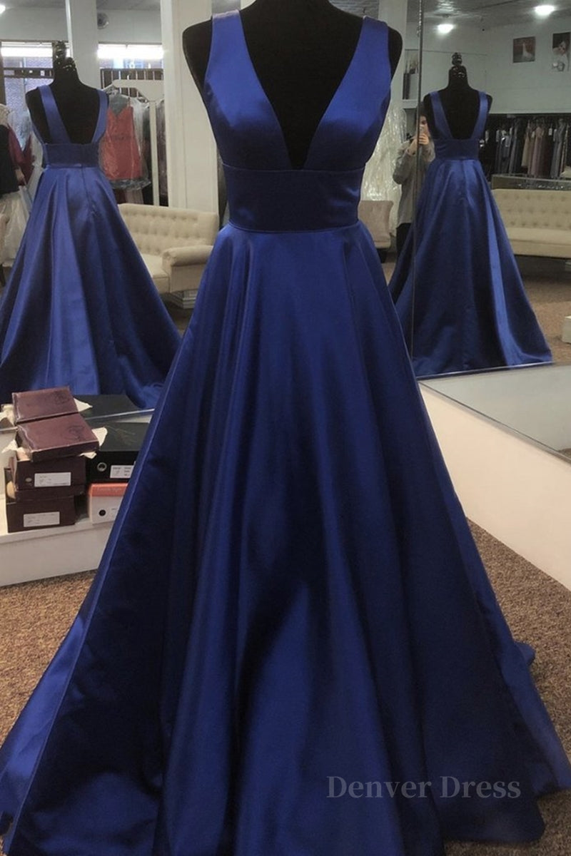 kamahe Simple V Neck Open Back Blue Long Prom Dress, V Neck Blue Formal Dress, Blue Evening Dress