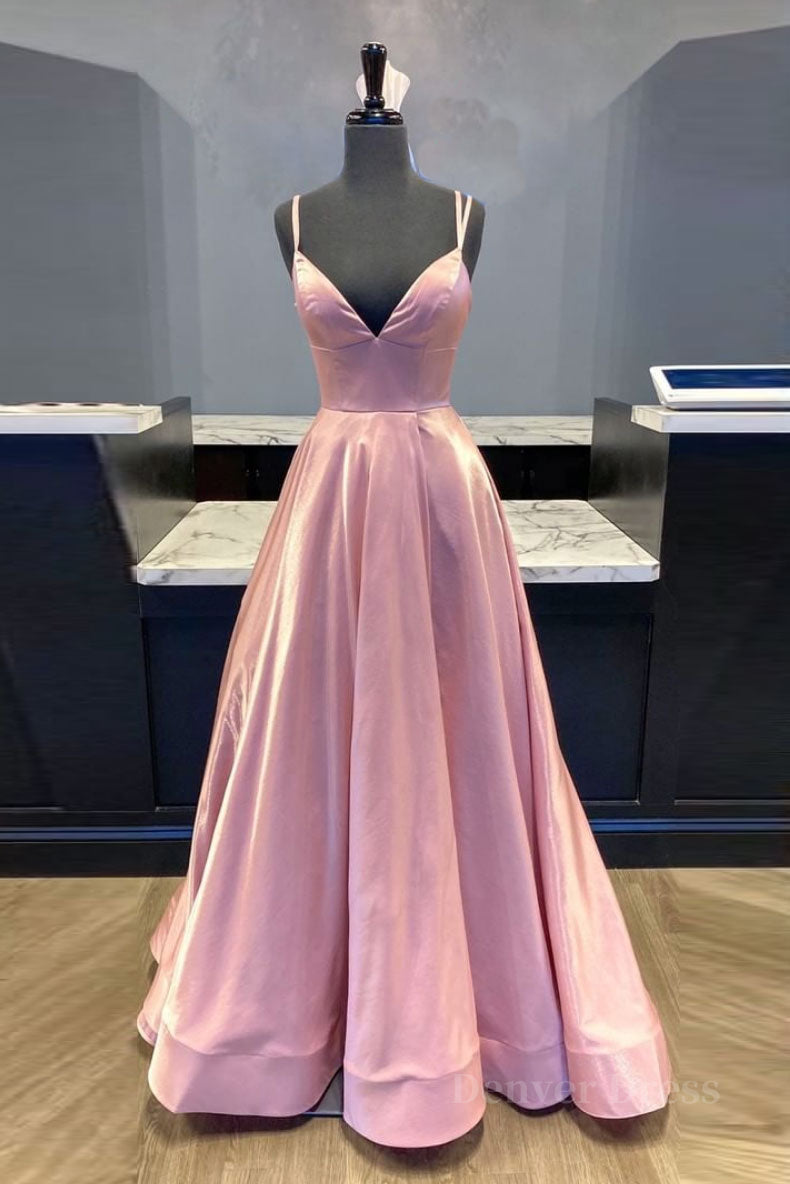 kamahe Simple v neck pink satin long prom dress pink formal dress