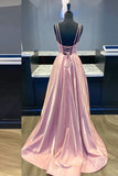 kamahe Simple v neck pink satin long prom dress pink formal dress