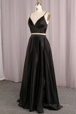 kamahe Simple V Neck Two Pieces Black Prom Dresses, 2 Pieces Black Long Formal Dresses, Black Evening Dresses