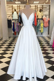 kamahe Simple white v neck satin long prom dress white evening dress