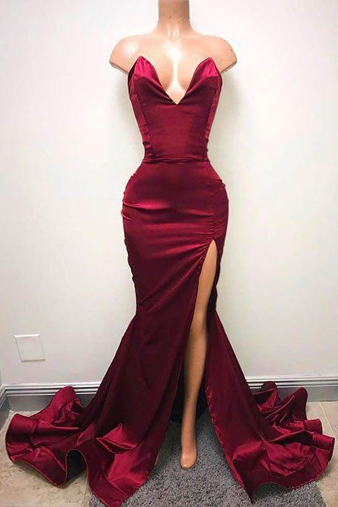 kamahe Sleeveless Sweetheart Front-Split Chic Sweep-Train Prom Party Gowns