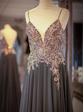 kamahe Gray Spaghetti Straps A-line Beaded Long Prom Dresses