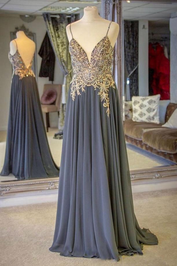 kamahe Gray Spaghetti Straps A-line Beaded Long Prom Dresses