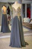 kamahe Gray Spaghetti Straps A-line Beaded Long Prom Dresses