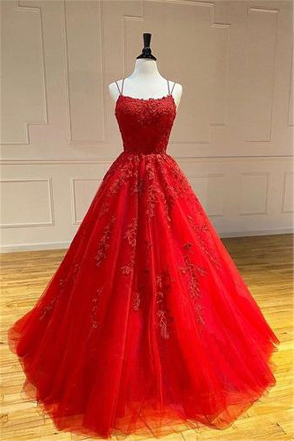 kamahe Spaghetti Straps Floral Lace Aline Evening Gown Sleeveless Prom Party Gowns