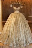 kamahe Spaghetti Straps Gold Beaded Lace Evening Dress Luxurious Ball Gown Princess Open Back Prom Party Gowns