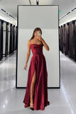 kamahe Spaghetti Straps Red Long Prom Dresses,Satin A-Line Evening Gown Long Prom Dress with Slit