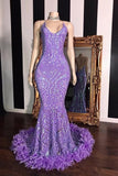 kamahe Spaghetti V-neck Sequins Floor Length Fur Train Mermaid Prom Dresses