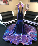 kamahe Sparkle Keyhole Purple Halter Mermaid Prom Dresses