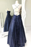 kamahe Sparkly Backless Navy Blue Long Prom Dresses, Open Back Long Navy Blue Formal Evening Dresses