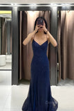 kamahe Sparkly Navy Blue Mermaid Long Prom Dress,Navy Blue Evening Gown