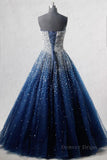 kamahe Sparkly Strapless Blue Prom Dresses, Strapless Blue Long Formal Evening Dresses