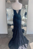 kamahe Strapless Mermaid Dark Blue Lace Long Prom Dresses, Mermaid Dark Blue Lace Formal Dresses, Dark Blue Lace Evening Dresses