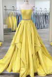 kamahe Strapless Open Back Fluffy Yellow Satin Long Prom Dress, Layered Yellow Formal Evening Dress