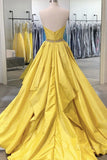 kamahe Strapless Open Back Fluffy Yellow Satin Long Prom Dress, Layered Yellow Formal Evening Dress