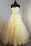 kamahe Strapless Yellow Lace Long Prom Dress, Yellow Lace Formal Graduation Evening Dress, Yellow Ball Gown