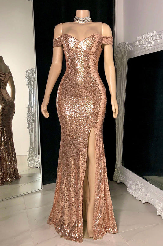 kamahe Stunning Off-the-Shoulder Mermaid Prom Dress Sequins Long Slit Online