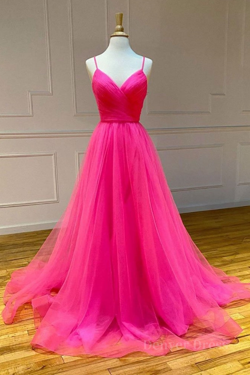 kamahe Stylish A Line V Neck Backless Hot Pink Long Prom Dress, Backless Hot Pink Formal Graduation Evening Dress