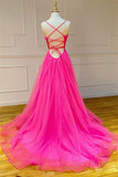 kamahe Stylish A Line V Neck Backless Hot Pink Long Prom Dress, Backless Hot Pink Formal Graduation Evening Dress