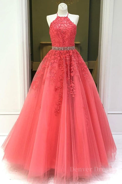 kamahe Stylish Backless Coral Lace Long Prom Dress, Coral Lace Formal Graduation Evening Dress