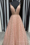 kamahe Stylish V Neck Pink Long Prom Dress with Stars Sequins, Long Pink Formal Evening Dress