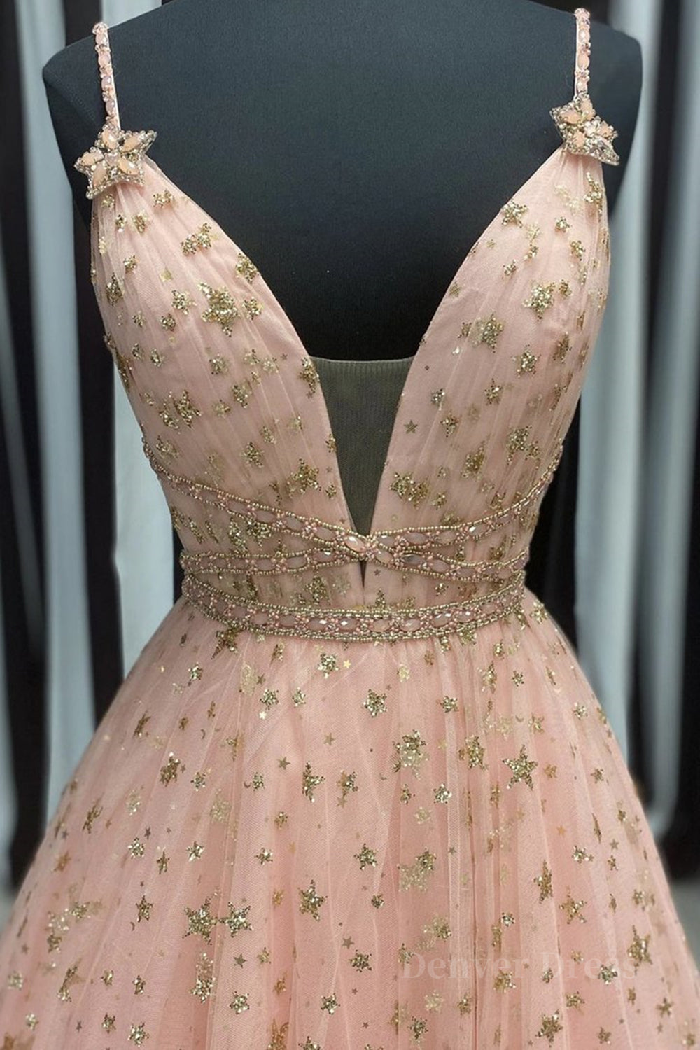 kamahe Stylish V Neck Pink Long Prom Dress with Stars Sequins, Long Pink Formal Evening Dress