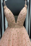 kamahe Stylish V Neck Pink Long Prom Dress with Stars Sequins, Long Pink Formal Evening Dress