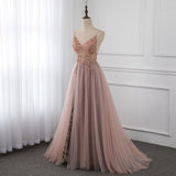 kamahe Sweetheart Crystal Prom Dresses Straps Spaghetti Tulle Evening Gown Split Side