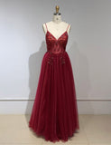 kamahe Sweetheart Crystal Prom Dresses Straps Spaghetti Tulle Evening Gown Split Side