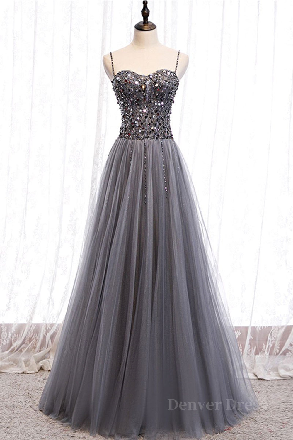 kamahe Sweetheart Neck Grey Sequins Tulle Long Prom Dress, Grey Sequins Formal Evening Dress