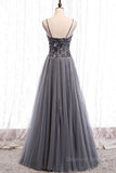 kamahe Sweetheart Neck Grey Sequins Tulle Long Prom Dress, Grey Sequins Formal Evening Dress