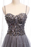 kamahe Sweetheart Neck Grey Sequins Tulle Long Prom Dress, Grey Sequins Formal Evening Dress